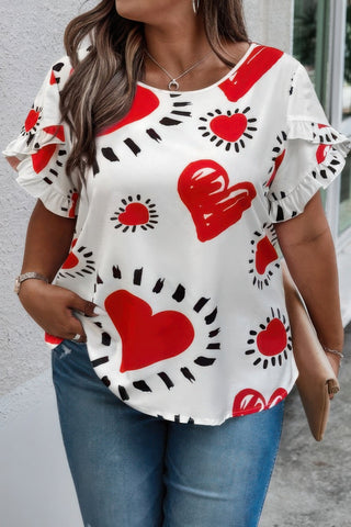 Plus Size Heart Print Ruffle Hem Sleeve Shirt - Wear Arielle