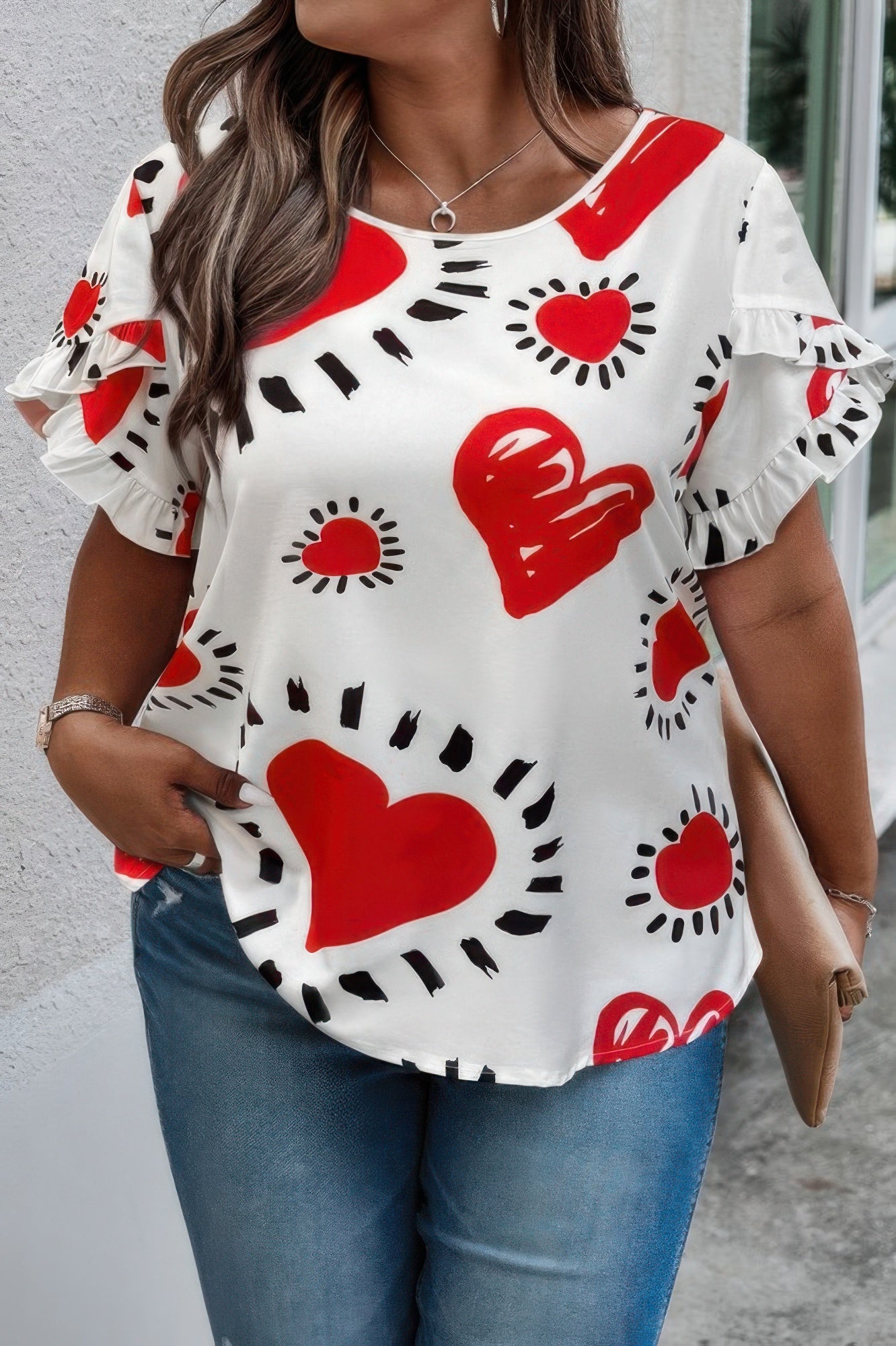 Plus Size Heart Print Ruffle Hem Sleeve Shirt - Wear Arielle