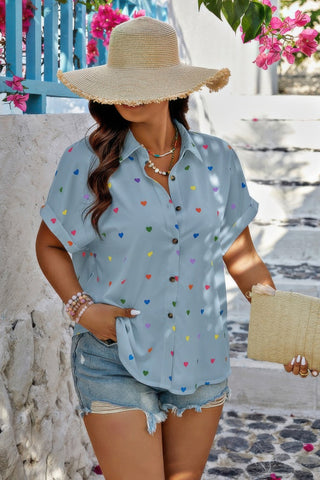 Plus Size Hearts Print Button Down Loose Blouse - Wear Arielle