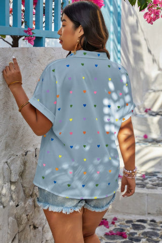Plus Size Hearts Print Button Down Loose Blouse - Wear Arielle