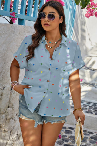 Plus Size Hearts Print Button Down Loose Blouse - Wear Arielle