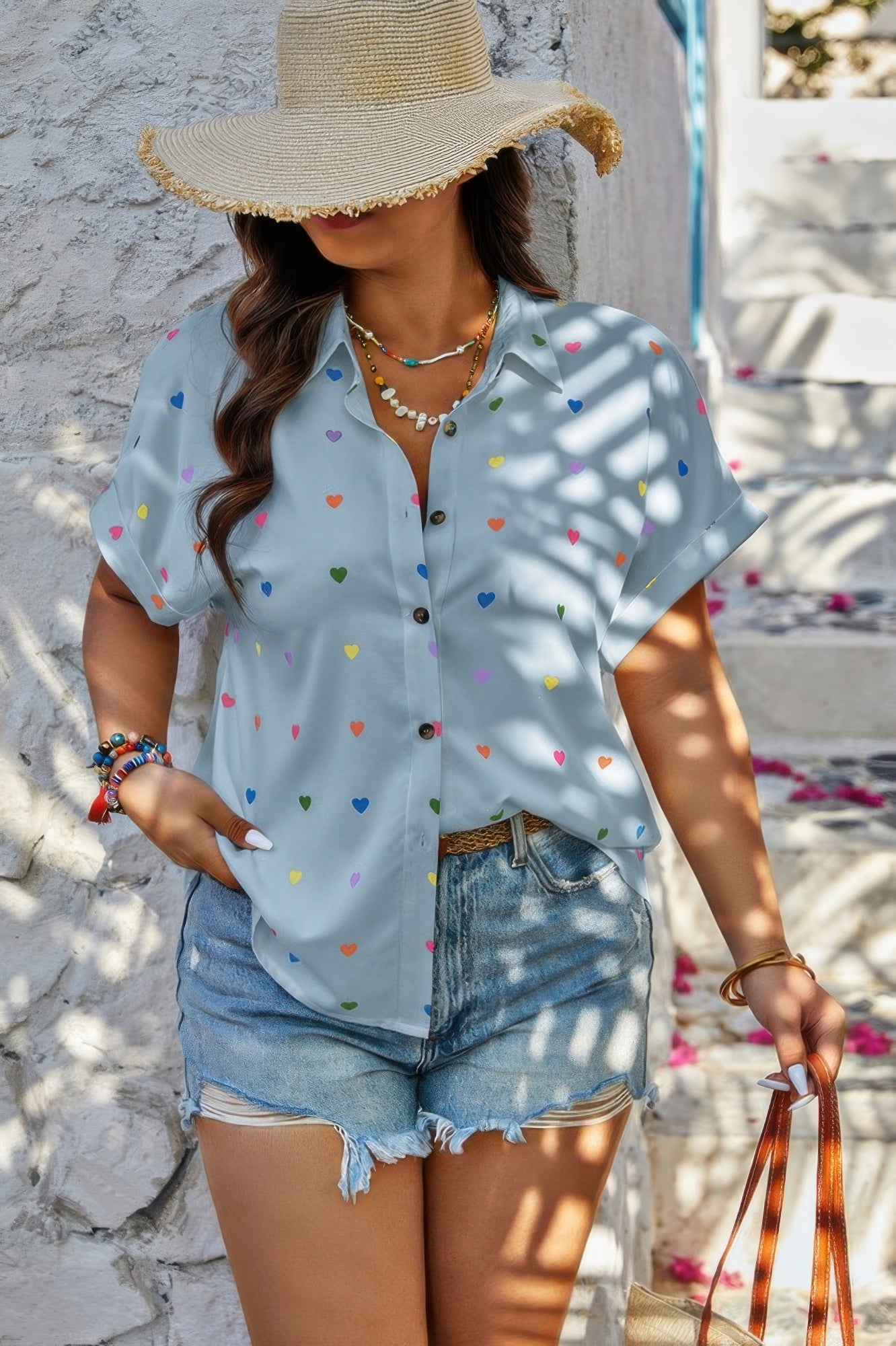 Plus Size Hearts Print Button Down Loose Blouse - Wear Arielle