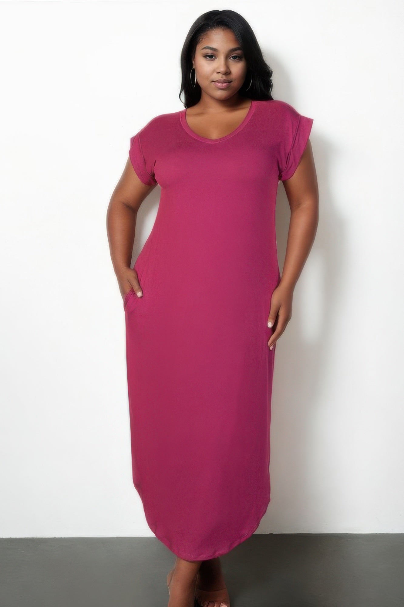Plus Size Hidden Pocket Batwing Sleeve V Neck Long Dress - Wear Arielle