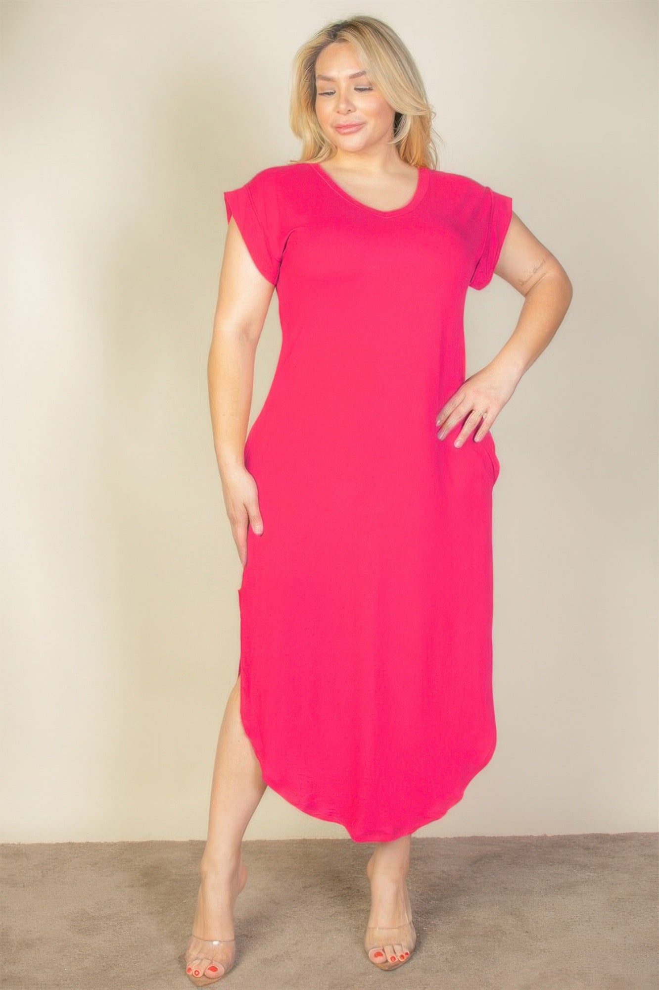 Plus Size Hidden Pocket Batwing Sleeve V Neck Long Dress - Wear Arielle