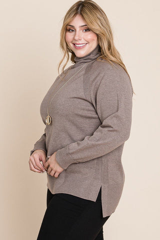 Plus Size High Quality Buttery Soft Solid Knit Turtleneck Two Tone High Low Hem Sweater - Wear Arielle