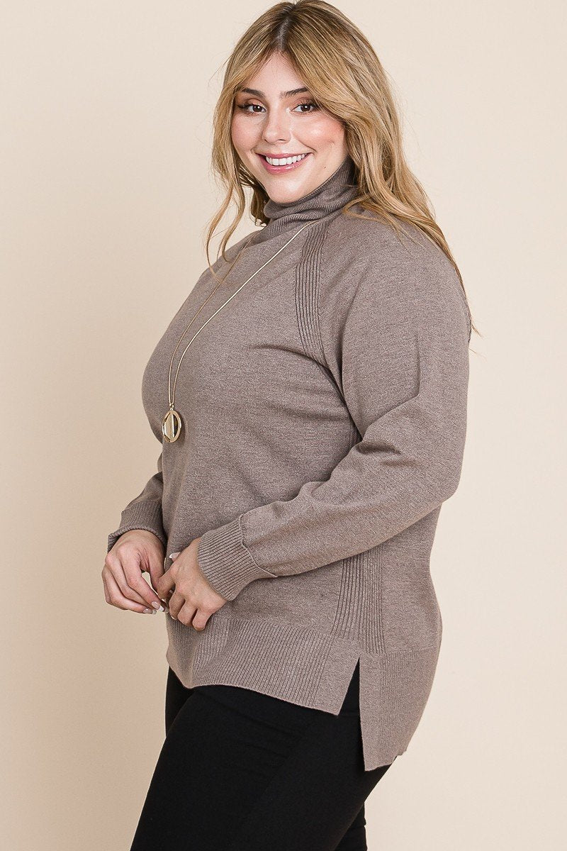 Plus Size High Quality Buttery Soft Solid Knit Turtleneck Two Tone High Low Hem Sweater - Wear Arielle