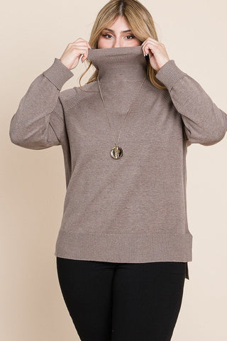 Plus Size High Quality Buttery Soft Solid Knit Turtleneck Two Tone High Low Hem Sweater - Wear Arielle