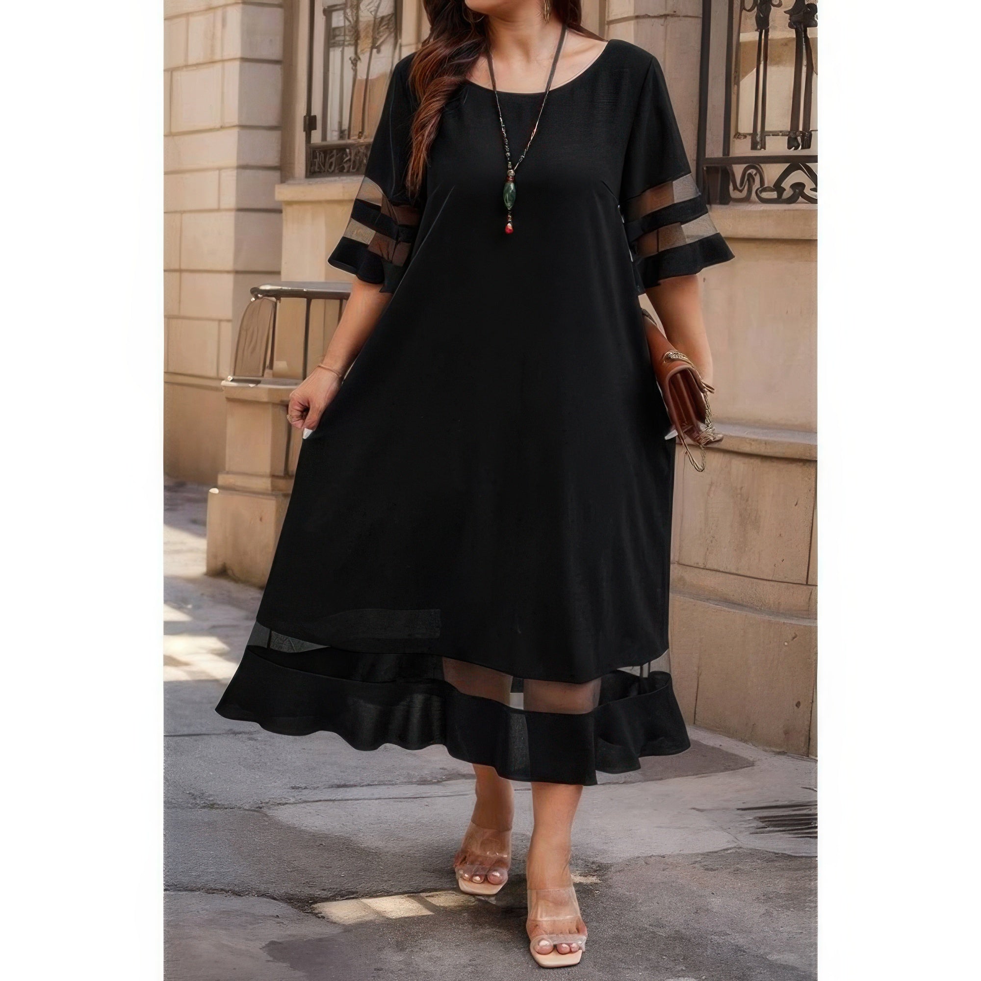 Plus Size Mesh Splicing Round Neck Long Dress - Wear Arielle