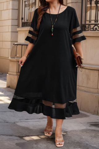 Plus Size Mesh Splicing Round Neck Long Dress - Wear Arielle