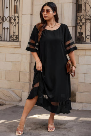 Plus Size Mesh Splicing Round Neck Long Dress - Wear Arielle