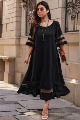 Plus Size Mesh Splicing Round Neck Long Dress - Wear Arielle