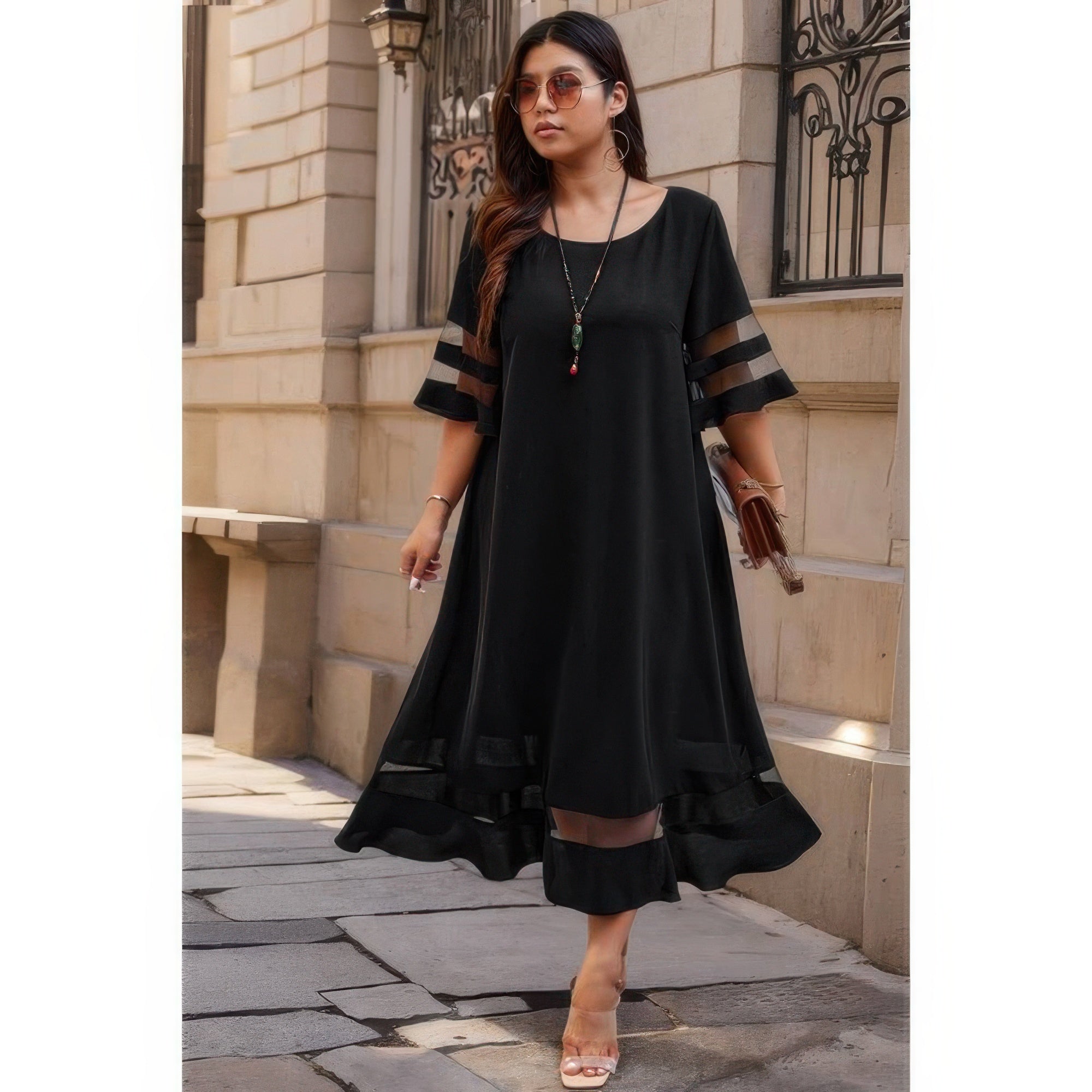 Plus Size Mesh Splicing Round Neck Long Dress - Wear Arielle