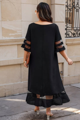 Plus Size Mesh Splicing Round Neck Long Dress - Wear Arielle