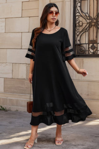 Plus Size Mesh Splicing Round Neck Long Dress - Wear Arielle