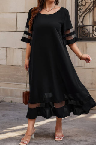 Plus Size Mesh Splicing Round Neck Long Dress - Wear Arielle