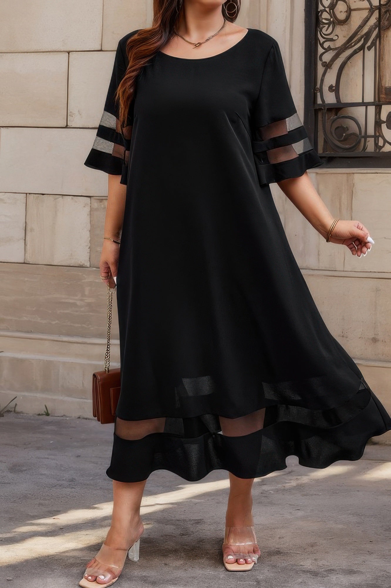 Plus Size Mesh Splicing Round Neck Long Dress - Wear Arielle
