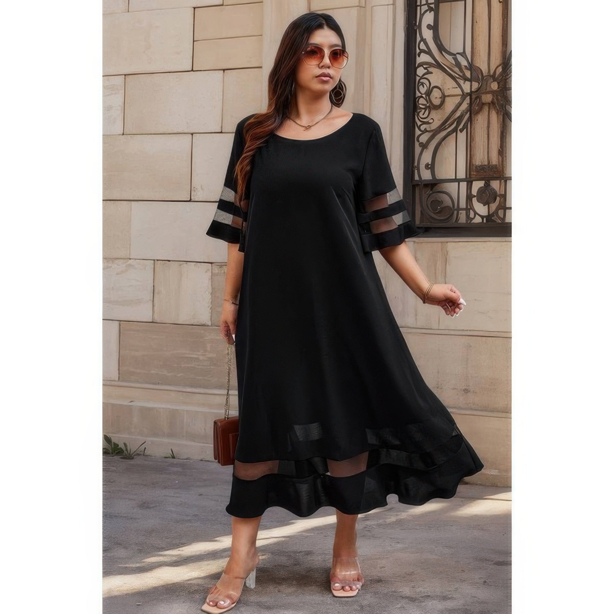 Plus Size Mesh Splicing Round Neck Long Dress - Wear Arielle