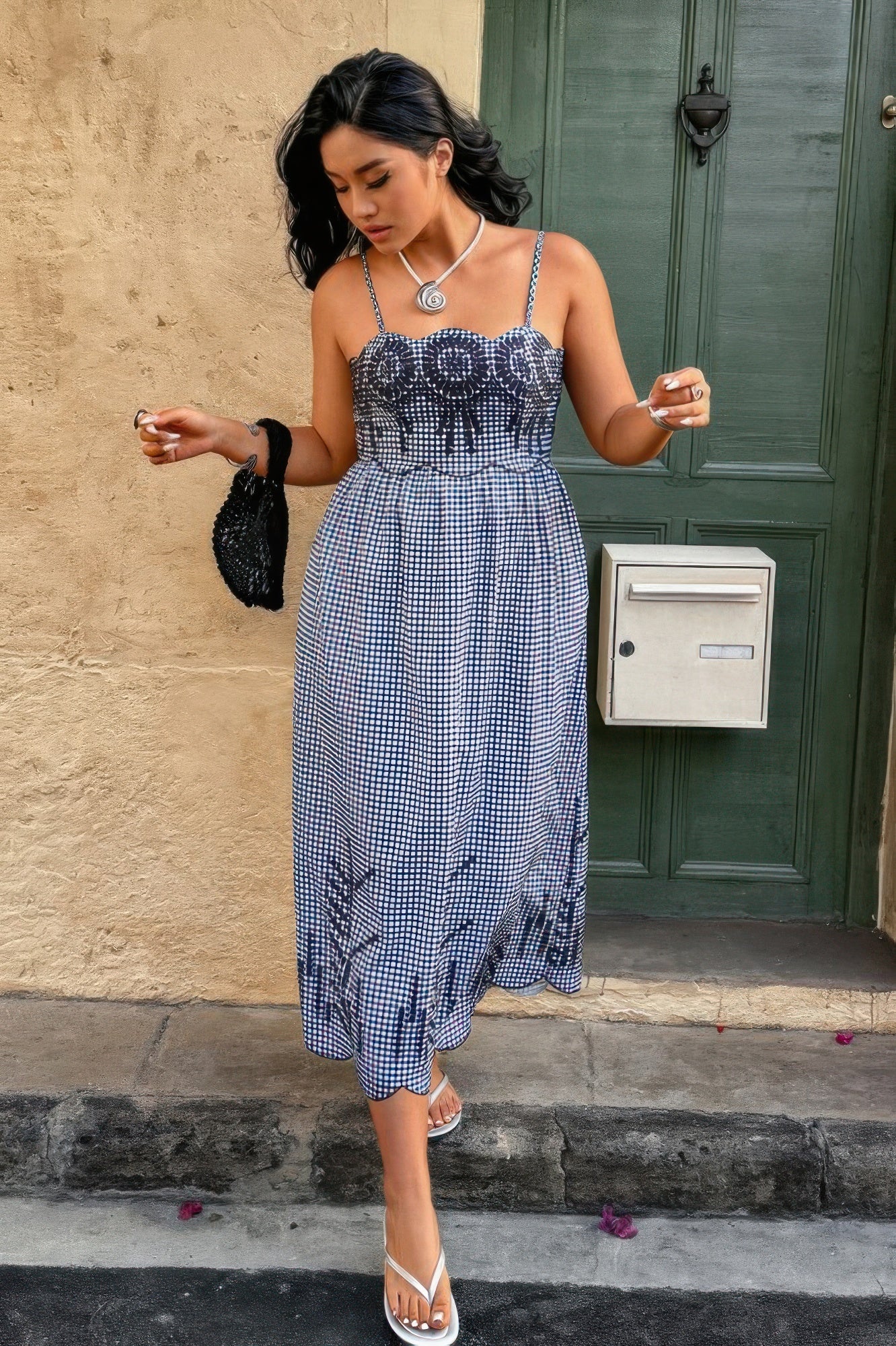 Plus Size Plaid Backless Hollow Out Strap Dress - Wear Arielle
