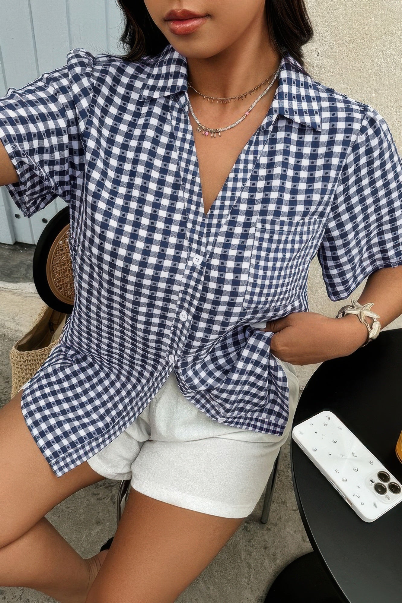 Plus Size Plaid Pocket Short Sleeve Loose Blouse - Wear Arielle