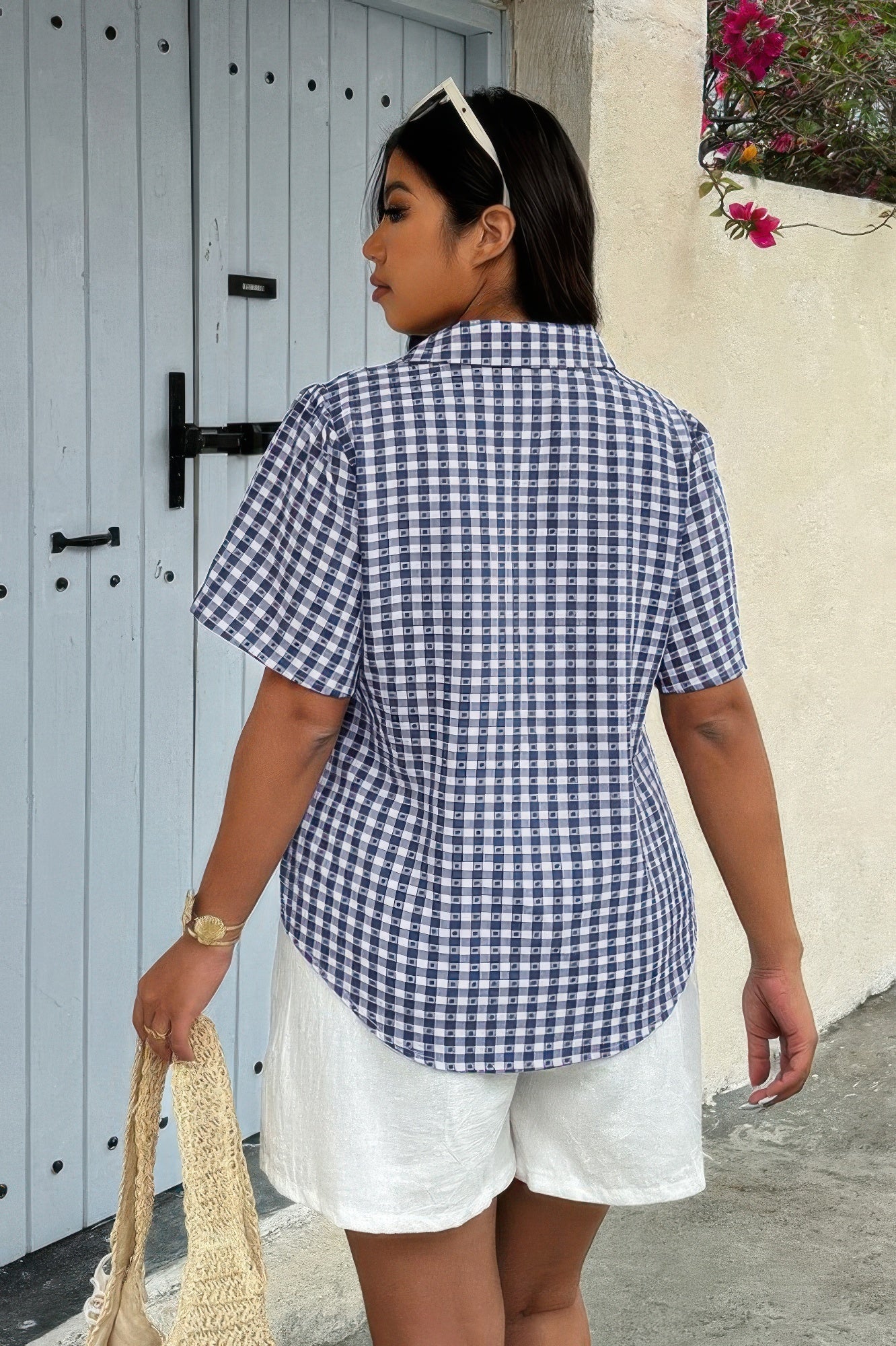 Plus Size Plaid Pocket Short Sleeve Loose Blouse - Wear Arielle