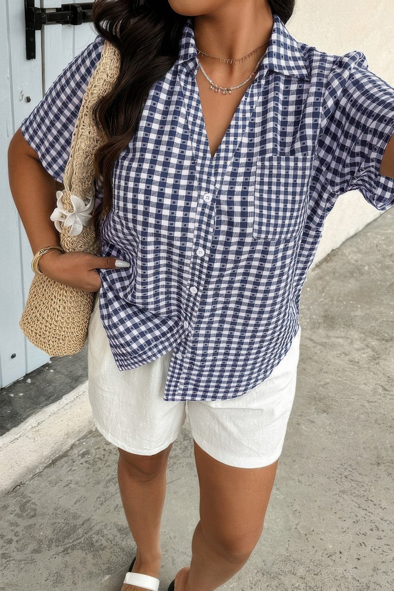 Plus Size Plaid Pocket Short Sleeve Loose Blouse - Wear Arielle