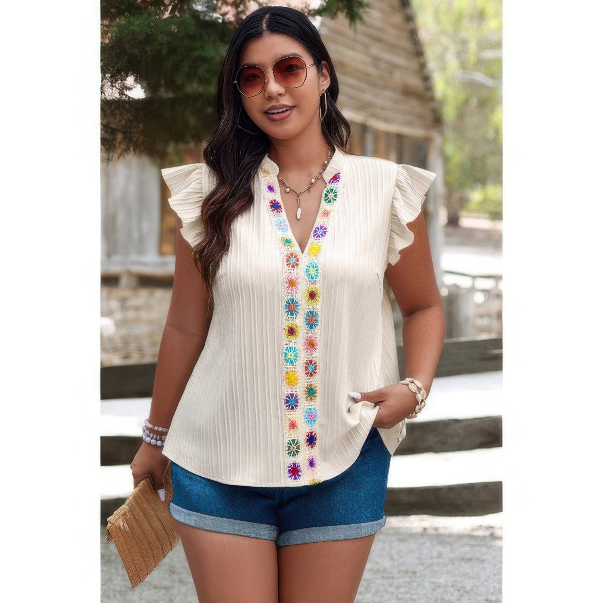 Plus Size Pleated Print V Neck Ruffle Fit Shirt - Wear Arielle