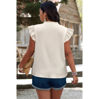 Plus Size Pleated Print V Neck Ruffle Fit Shirt - Wear Arielle