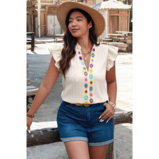 Plus Size Pleated Print V Neck Ruffle Fit Shirt - Wear Arielle