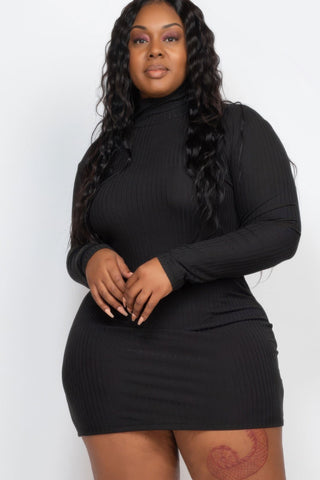 Plus Size Ribbed Long Sleeve Mock Neck Mini Bodycon Dress - Wear Arielle