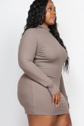 Plus Size Ribbed Long Sleeve Mock Neck Mini Bodycon Dress - Wear Arielle