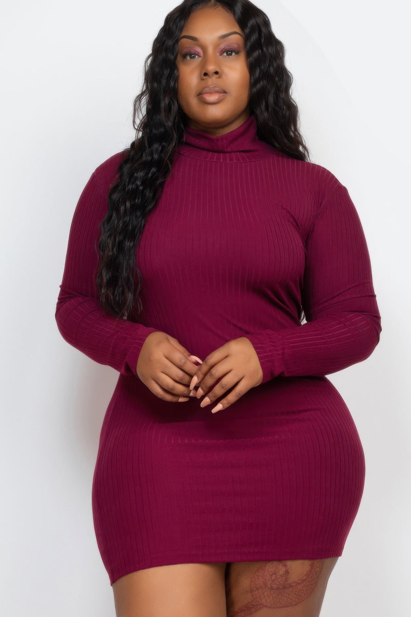 Plus Size Ribbed Long Sleeve Mock Neck Mini Bodycon Dress - Wear Arielle