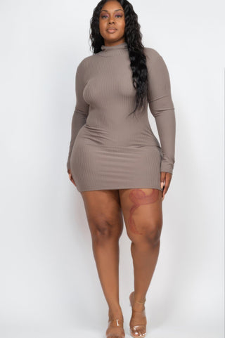 Plus Size Ribbed Long Sleeve Mock Neck Mini Bodycon Dress - Wear Arielle