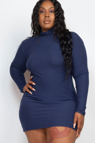 Plus Size Ribbed Long Sleeve Mock Neck Mini Bodycon Dress - Wear Arielle