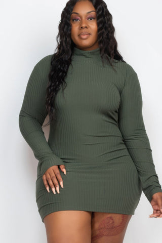 Plus Size Ribbed Long Sleeve Mock Neck Mini Bodycon Dress - Wear Arielle