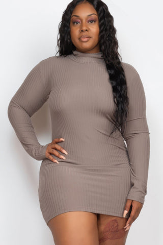 Plus Size Ribbed Long Sleeve Mock Neck Mini Bodycon Dress - Wear Arielle