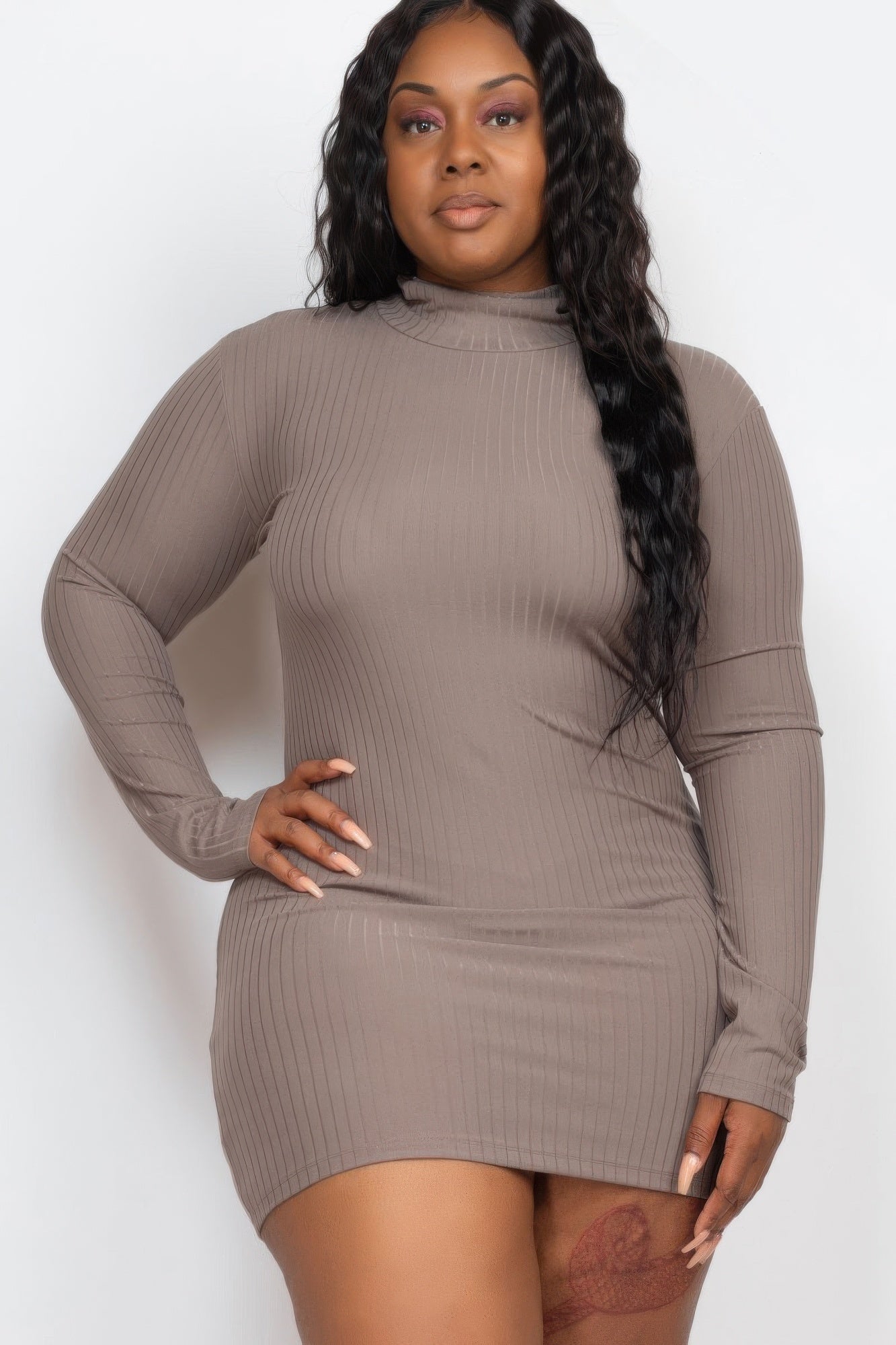 Plus Size Ribbed Long Sleeve Mock Neck Mini Bodycon Dress - Wear Arielle