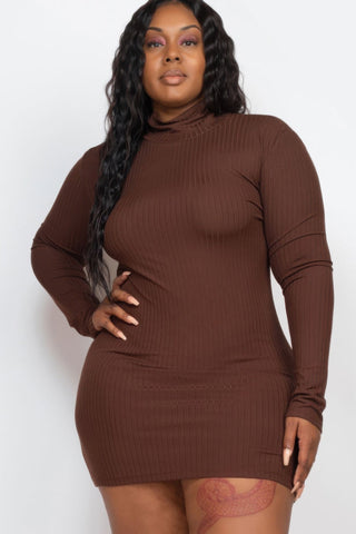 Plus Size Ribbed Long Sleeve Mock Neck Mini Bodycon Dress - Wear Arielle