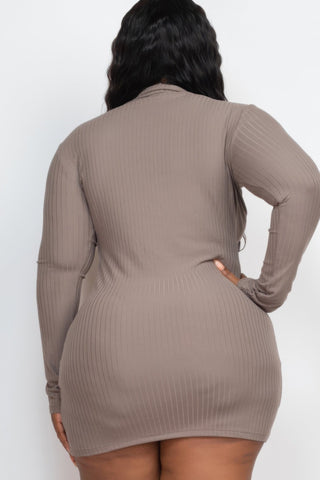 Plus Size Ribbed Long Sleeve Mock Neck Mini Bodycon Dress - Wear Arielle