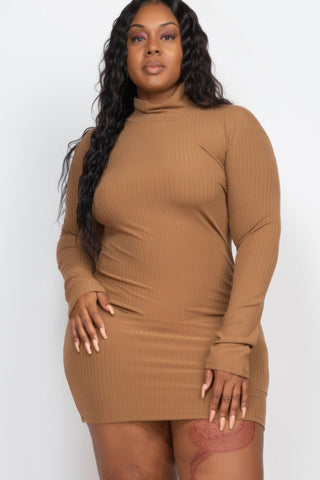 Plus Size Ribbed Long Sleeve Mock Neck Mini Bodycon Dress - Wear Arielle