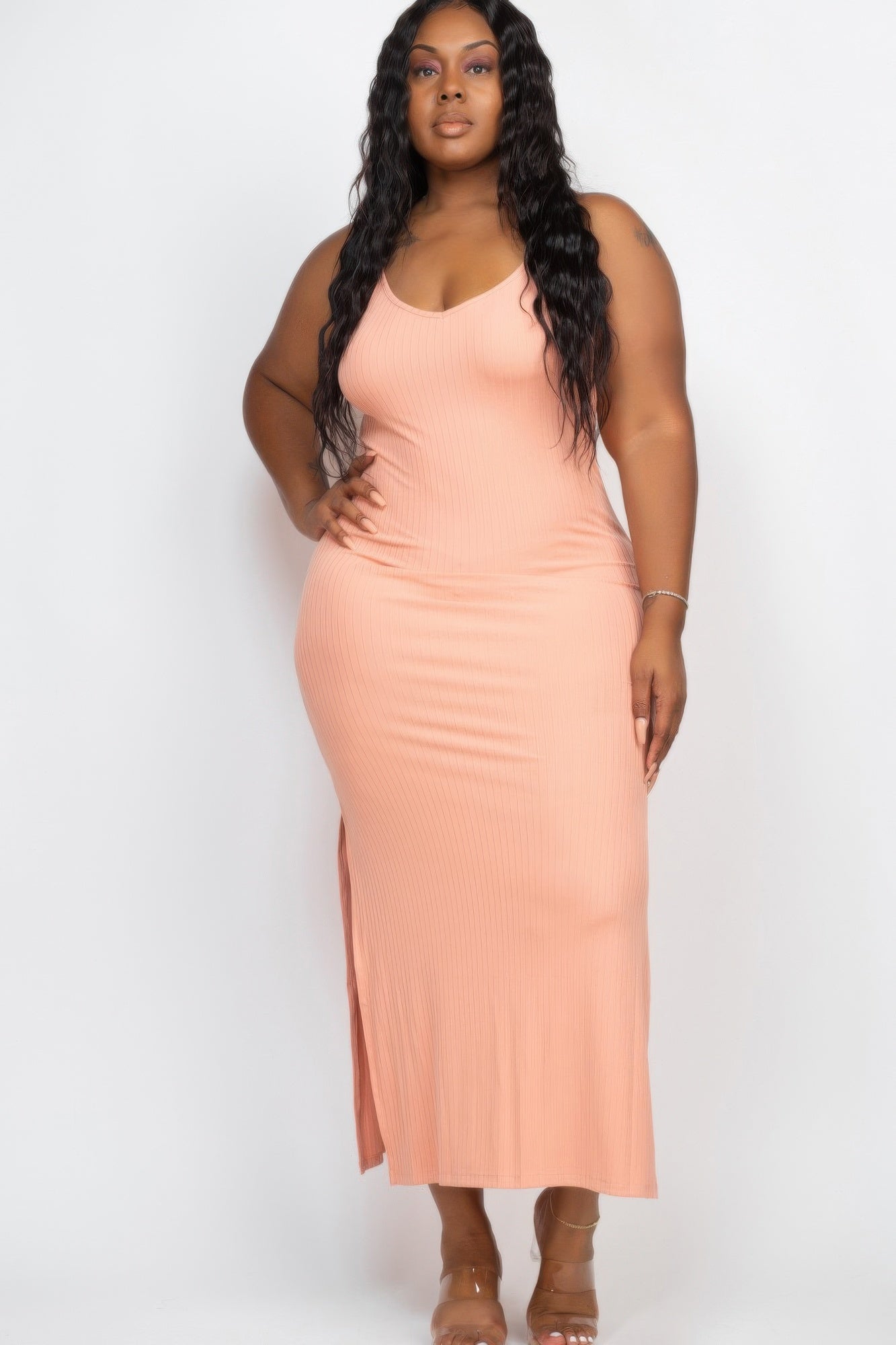 Plus Size Ribbed Side Slit Long Cami Maxi Dress - Wear Arielle
