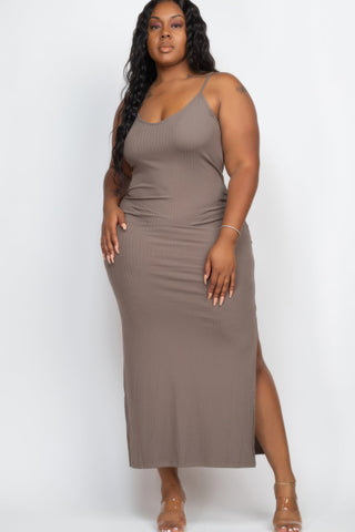 Plus Size Ribbed Side Slit Long Cami Maxi Dress - Wear Arielle