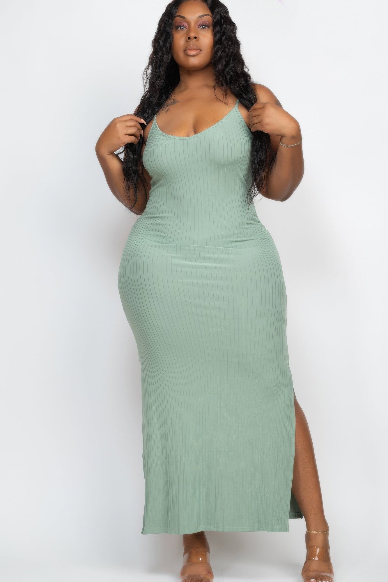 Plus Size Ribbed Side Slit Long Cami Maxi Dress - Wear Arielle
