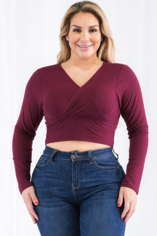Plus Size Ribbed Wrap Front Long Sleeve Top - Wear Arielle