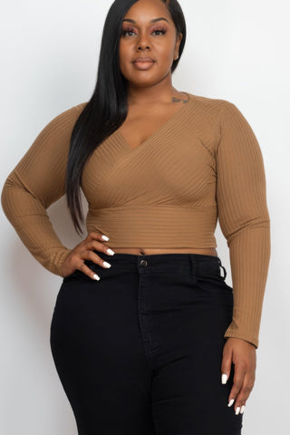 Plus Size Ribbed Wrap Front Long Sleeve Top - Wear Arielle