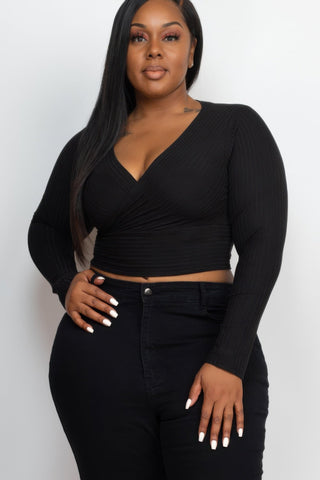 Plus Size Ribbed Wrap Front Long Sleeve Top - Wear Arielle