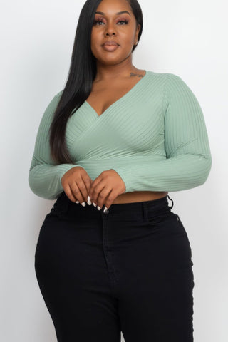 Plus Size Ribbed Wrap Front Long Sleeve Top - Wear Arielle