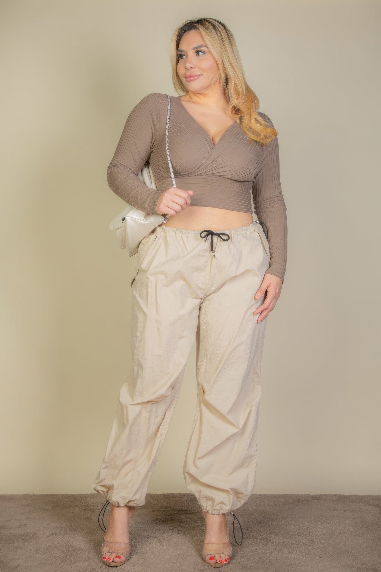 Plus Size Ribbed Wrap Front Long Sleeve Top - Wear Arielle