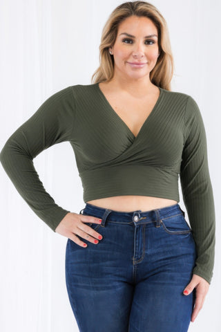 Plus Size Ribbed Wrap Front Long Sleeve Top - Wear Arielle