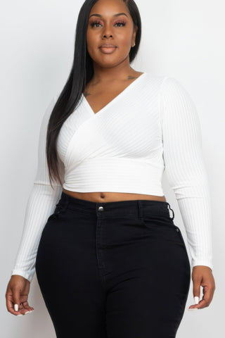 Plus Size Ribbed Wrap Front Long Sleeve Top - Wear Arielle