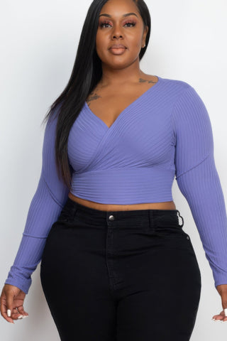 Plus Size Ribbed Wrap Front Long Sleeve Top - Wear Arielle